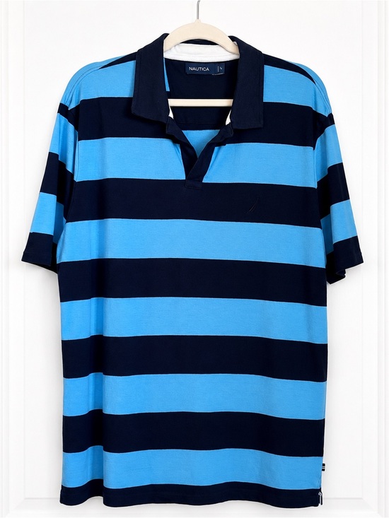 Nautica Other - Nautica Blue Navy Striped Polo Shirt Large Short‎ Sleeve Cotton Preppy Golfcore